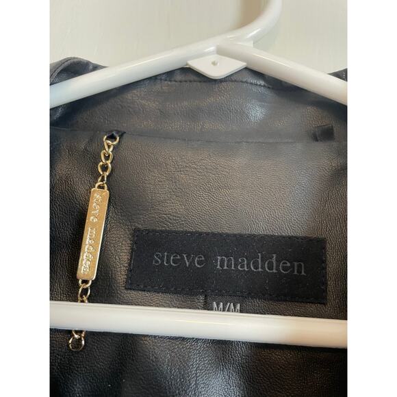 Steve Madden cropped black faux leather moto jacket fringe pockets logo medium - Picture 9 of 12